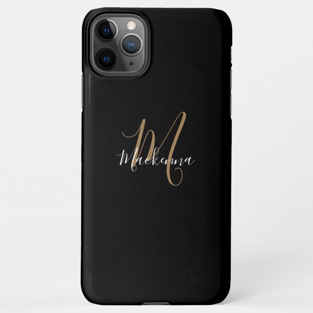Coque iPhone Monogramme d'or noir moderne Girly Script Nom Chic (Dos)