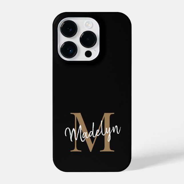 Coque iPhone Monogramme d'or noir moderne Nom du script féminin (Verso)