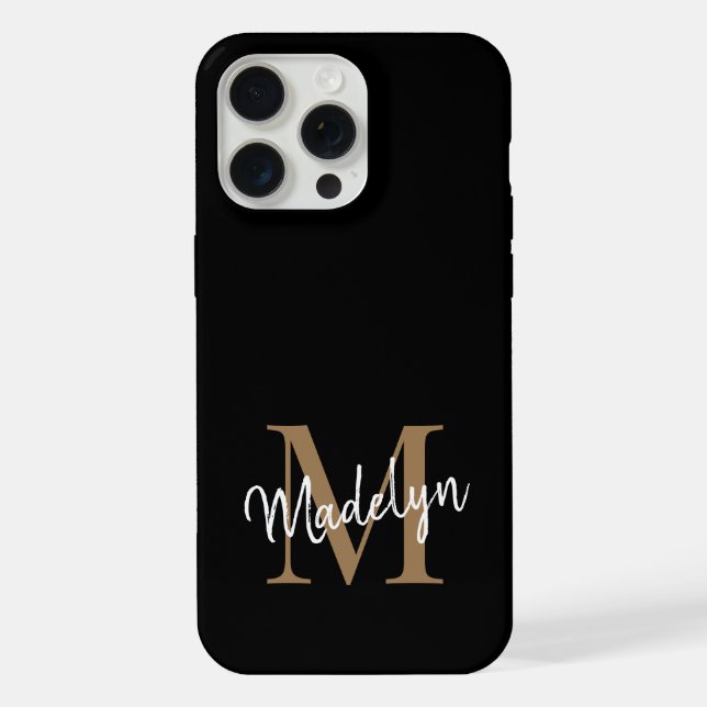 Coque iPhone Monogramme d'or noir moderne Nom du script féminin (Verso)
