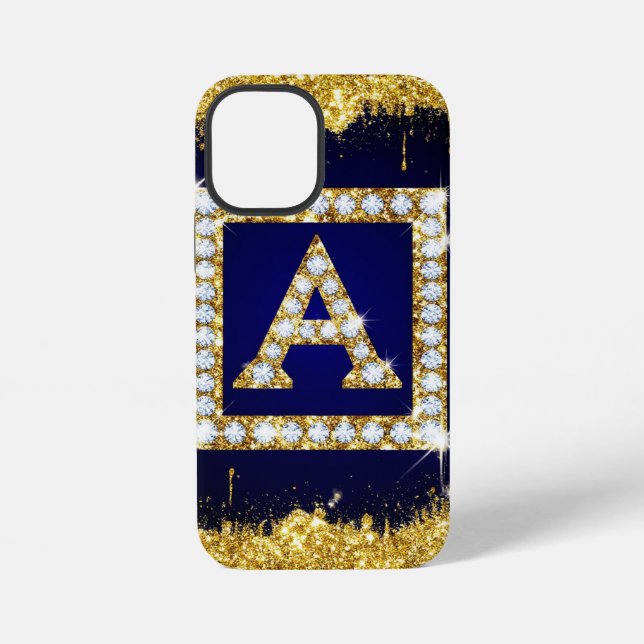 Coque iPhone Monogramme doré initial A avec paillettes bleues (Verso)