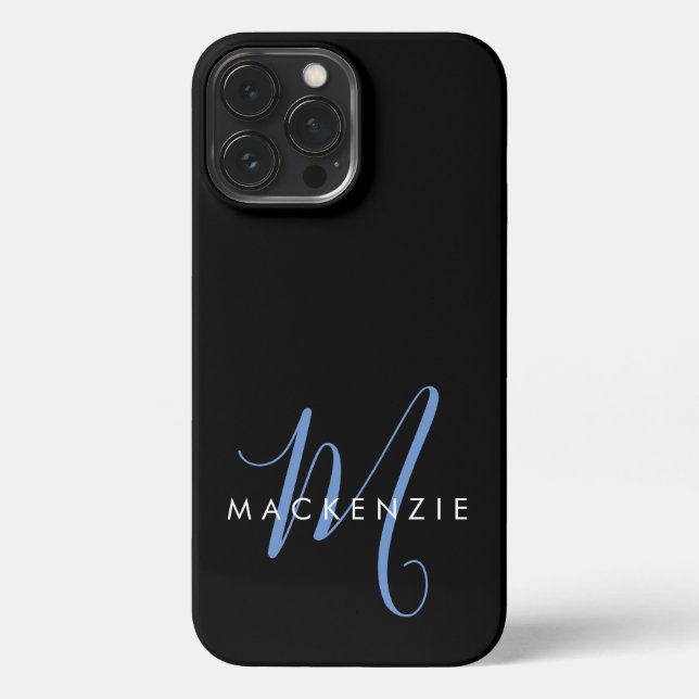 Coque iPhone Monogramme élégant moderne noir bleu script (Verso)