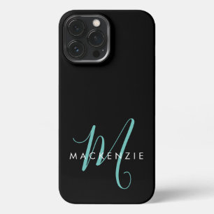 Etui iPhone 13 Pro Max Monogramme élégant moderne noir sarcelle écriture