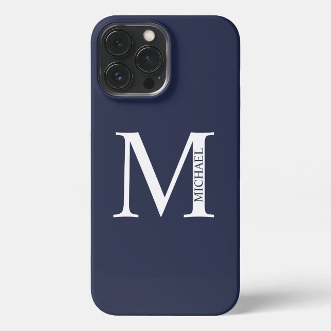 Coque iPhone Monogramme et nom personnalisés bleu marine (Verso)