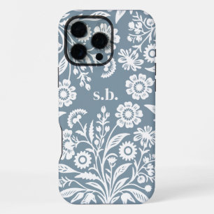 Coque iPhone 16 Pro Max Monogramme floral poussiéreux bleu Fleur sauvage r