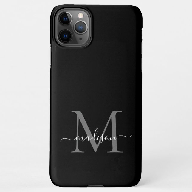 Coque iPhone Monogramme gris argenté noir Nom du script féminin (Dos)