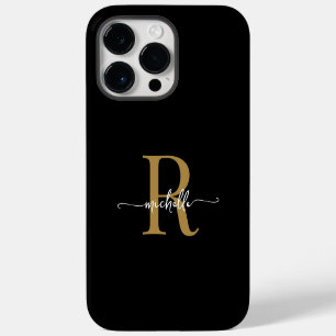Coque Pour Pour iPhone 14 Pro Max Monogramme Initial Script Or Noir De Style Moderne