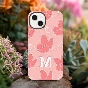 Etui iPhone 13 Monogramme M Coral moderne Motif papillon rose