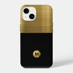 Coque Pour iPhone 14 Monogramme Métal Brossé Or Noir Luxe