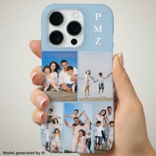 Coque iPhone 16 Pro Monogramme Moderne 5 Photo Collage Bleu Bébé