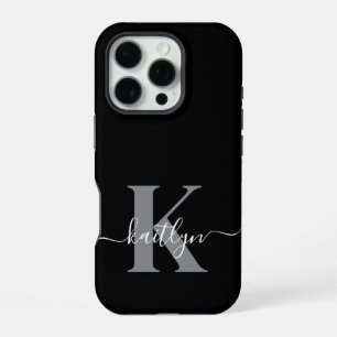 Coque iPhone 16 Pro Monogramme moderne gris noir script