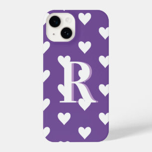 Coque Pour iPhone 14 Monogramme moderne Motif de coeur violet blanc