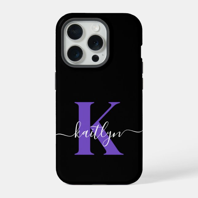Coque iPhone Monogramme Moderne Violet Noir Script (Verso)
