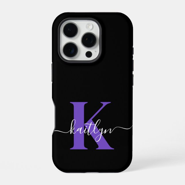Coque iPhone Monogramme Moderne Violet Noir Script (Verso)