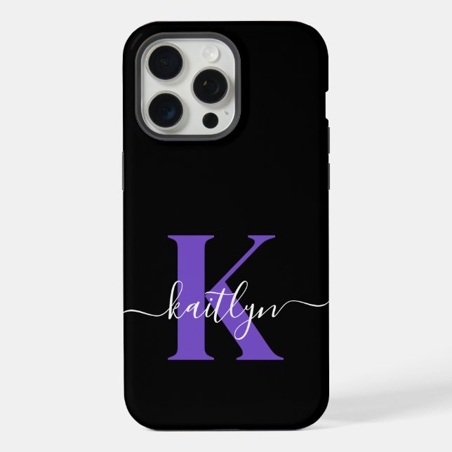 Coque iPhone Monogramme Moderne Violet Noir Script (Verso)