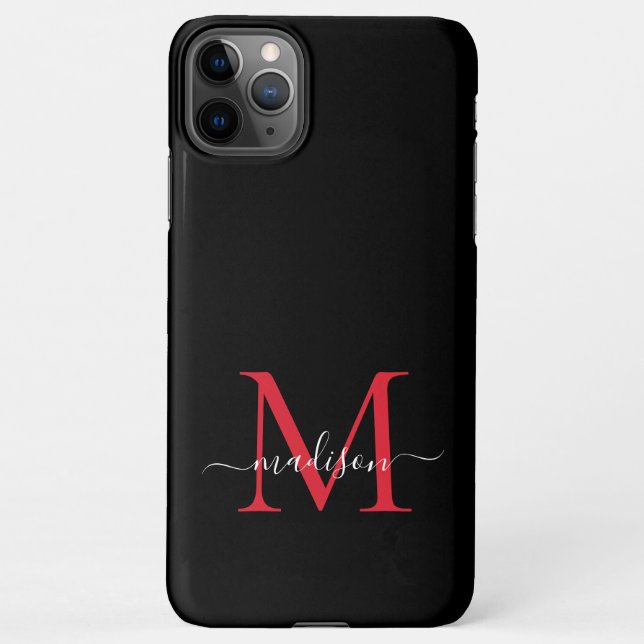 Coque iPhone Monogramme noir rouge bordeaux Nom du script fémin (Dos)