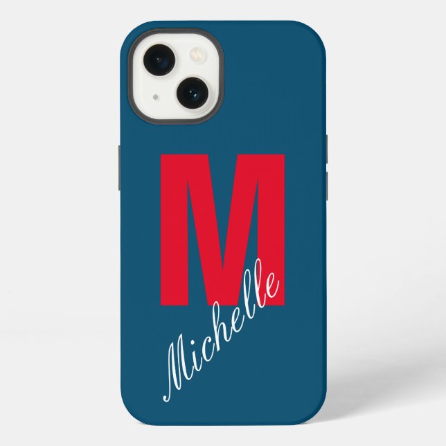Coque iPhone Monogramme Nom Propre Initial Moderne Simple Bleu  (Verso)