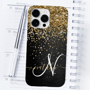 Coque Pour Pour iPhone 14 Pro Max Monogramme pailleté or personnalisé noir