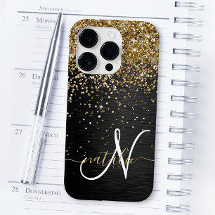 Coque Pour iPhone 14 Plus Monogramme Pailleté Or Personnalisé Noir