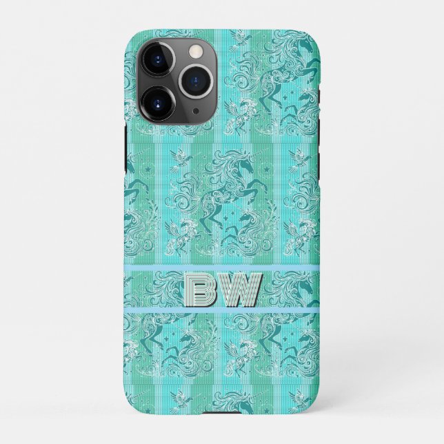 Coque iPhone Monogramme personnalisé de Motif de licorne verte (Dos)