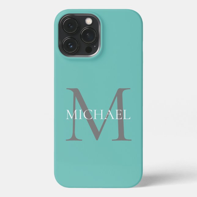 Coque iPhone Monogramme personnalisé et nom Turquoise clair (Verso)
