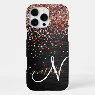 Coque iPhone 16 Pro Max Monogramme personnalisé paillettes or rose noir