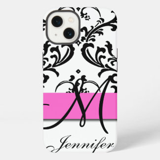 Etui iPhone 13 Monogramme rose noir brun brune Damask