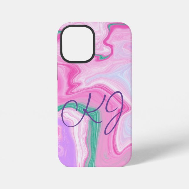 Coque iPhone Monogramme rose, violet, Mint vert Marbre Art (Verso)