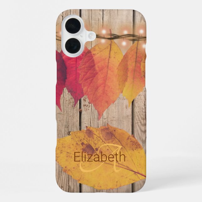 Coque iPhone Monogramme rustique Lumières de feuilles d'automne (Verso)