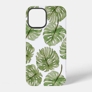 Coque iPhone 12 Monstera Aquarelle Feuilles Tropicales Vertes Sans