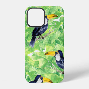 Coque iPhone 12 Motif aquarelle sans couture avec toucan sur fond 