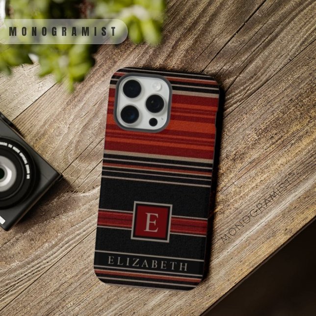 Coque iPhone Motif Aztec noir rouge orange blanc personnalisabl (Customizable Black Red Orange White Aztec Pattern iPhone Case)