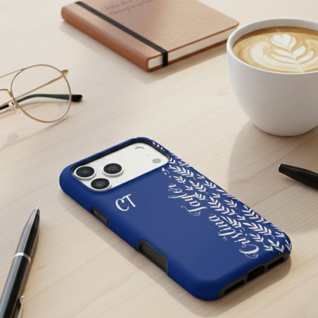 Coque iPhone Motif bleu marine et Bush feuille rose monogrammé (Créateur téléchargé)