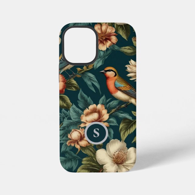 Coque iPhone Motif botanique monogramme vintage d'oiseaux flora (Verso)