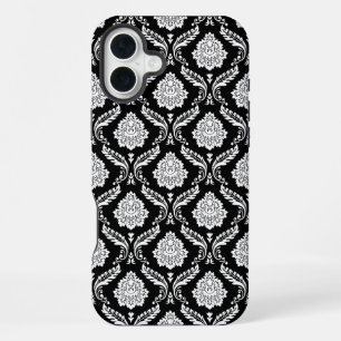 Coque iPhone 16 Plus Motif Damassé Rococo Blanc sur Fond Noir