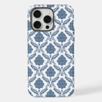 Motif Damassé Rococo Bleu sur Blanc