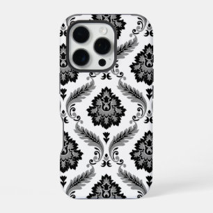 Coque iPhone 16 Pro Motif Damassé Rococo Gris Noir Blanc
