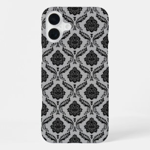 Coque iPhone 16 Plus Motif Damassé Rococo Noir sur Gris