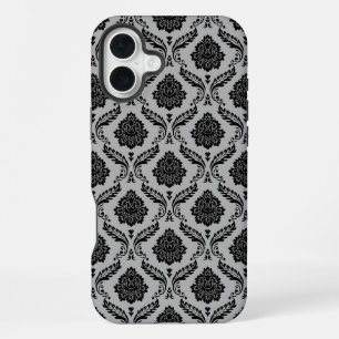 Coque iPhone 16 Plus Motif Damassé Rococo Noir sur Gris