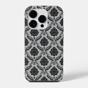 Coque Pour iPhone 14 Plus Motif Damassé Rococo Noir sur Gris