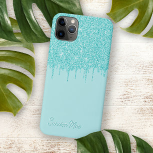 Coque iPhone 16 Pro Max Motif d'art pailleté vert turquoise Aqua clair