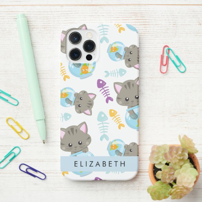 Coque iPhone Motif De Chats, Chats Mignons, Chatons, Votre Nom (Sur le bureau)
