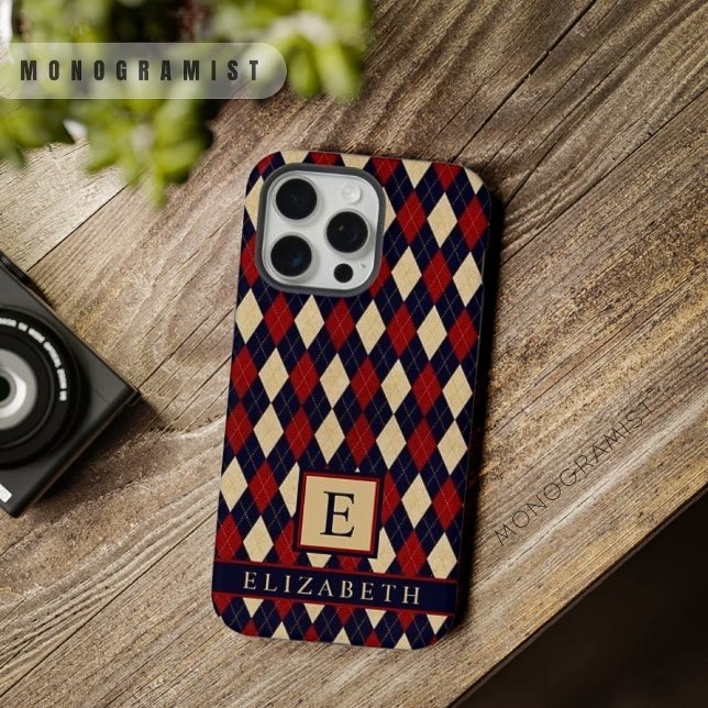 Coque iPhone Motif de Jacquard bleu bleu jaune de la marine per (Customizable Navy Blue Red Yellow Argyle Pattern iPhone Case)