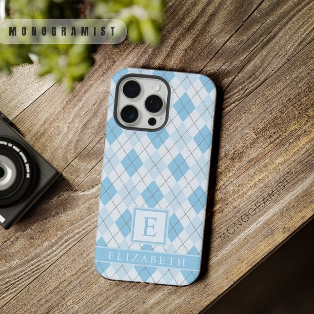Coque iPhone Motif de Jacquard bleu clair doux personnalisable (Customizable Light Soft Bright Blue Argyle Pattern iPhone Case)