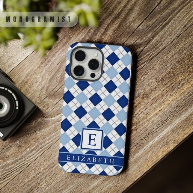 Coque iPhone Motif de Jacquard bleu foncé clair personnalisable (Customizable Light White Dark Blue Argyle Pattern iPhone Case)