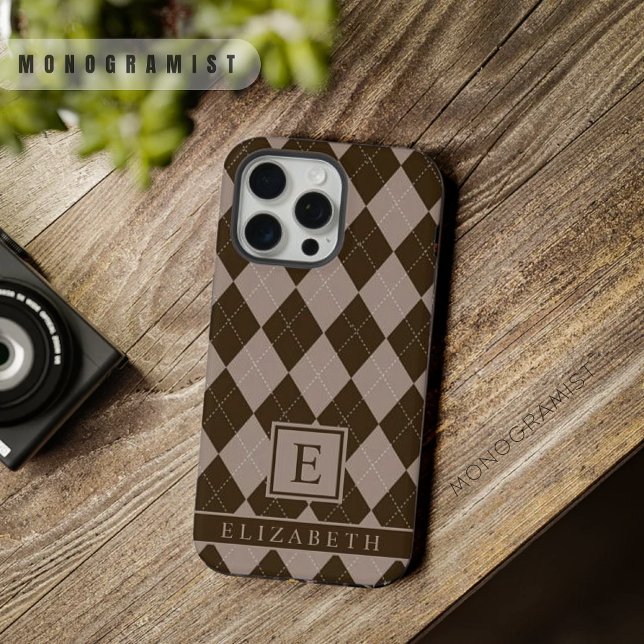 Coque iPhone Motif de Jacquard Brown   mauve personnalisable (Customizable Purple Grey Brown Argyle Pattern iPhone Case)