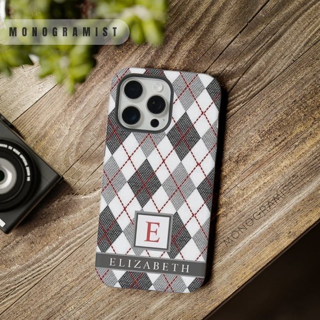 Coque iPhone Motif de Jacquard rouge blanc noir gris personnali (Customizable Grey Black White Red Argyle Pattern iPhone Case)
