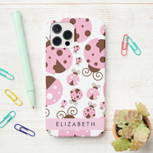 Coque iPhone Motif De Ladybugs, Ladybugs Rose, Votre Nom (Sur le bureau)