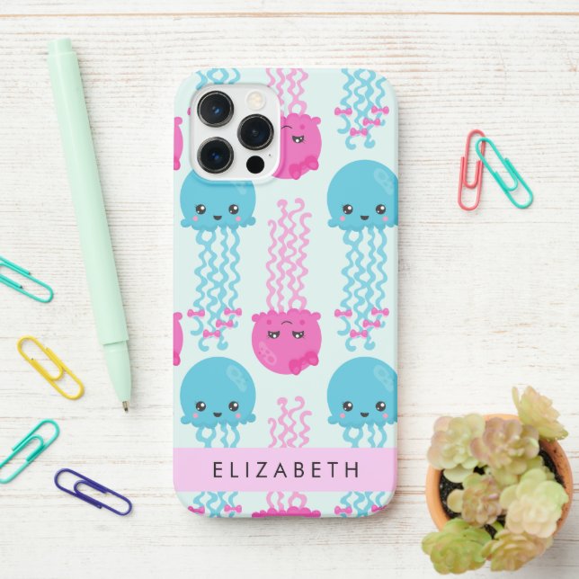 Coque iPhone Motif de méduses, Mignonne méduse, Mer, Votre nom (Sur le bureau)