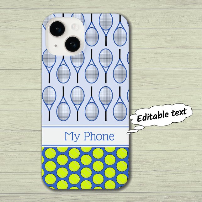 Coque iPhone Motif de tennis nom personnalisé bleu (Example showing the iPhone 14. Case style: Slim Fit)