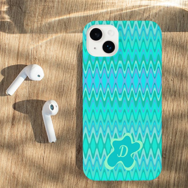 Coque iPhone Motif de zigzag moderne - monogramme turquoise (Créateur téléchargé)